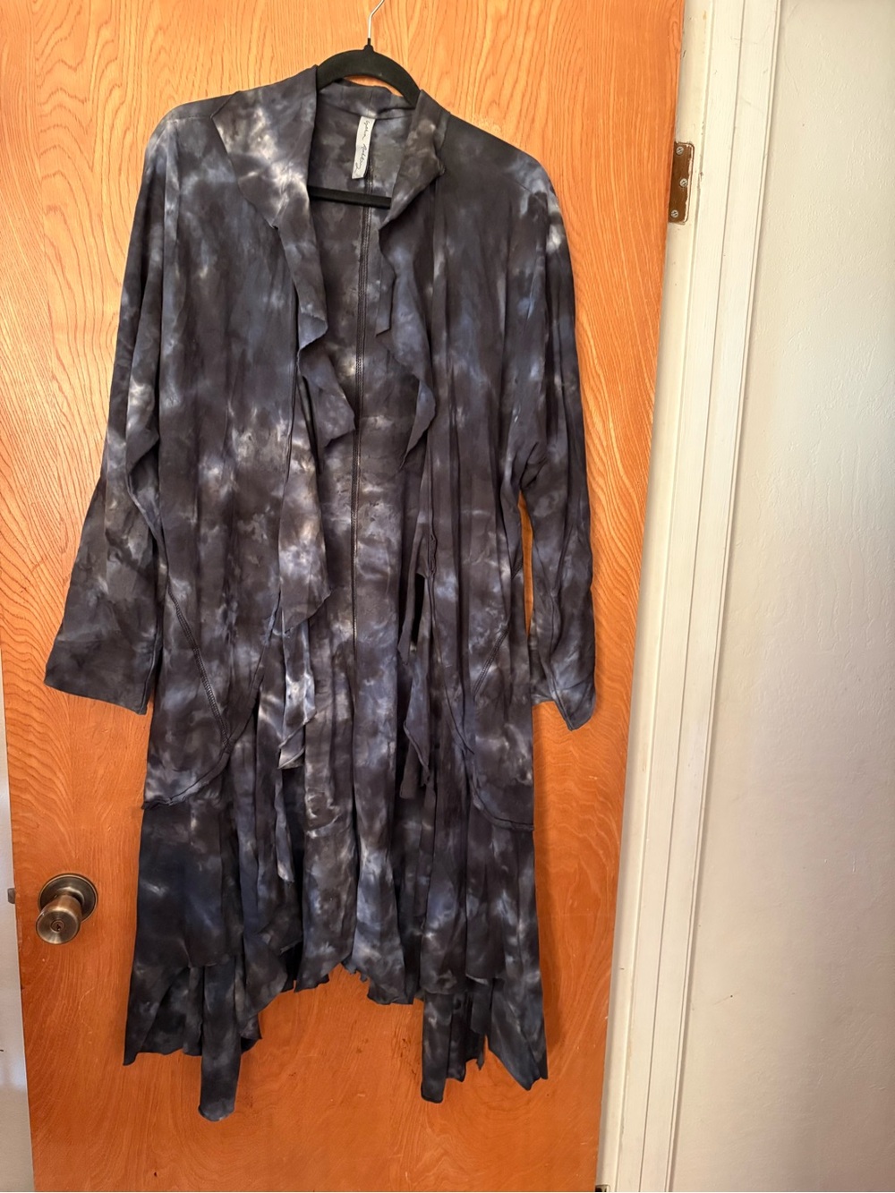 Cynthia Ashby Ruffled Tie-Dye Long Sleeve open front waterfall duster OSFM